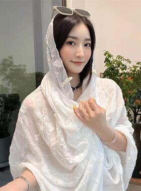 旅游盘扣防晒披肩女外搭时尚民族风新疆西藏海边夏季薄款纱巾丝巾