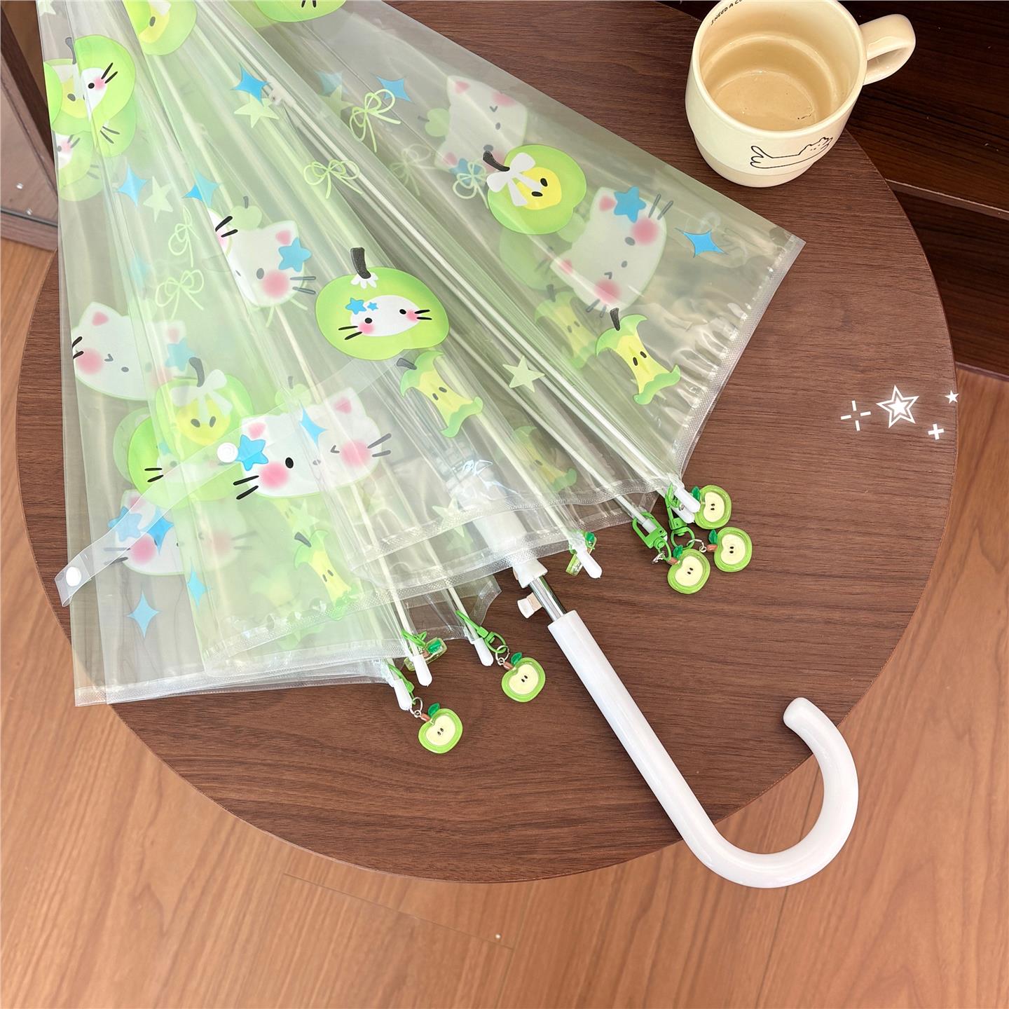 青苹果挂坠~凯蒂猫咪透明雨伞长柄卡通网红折叠加厚自动可爱学生