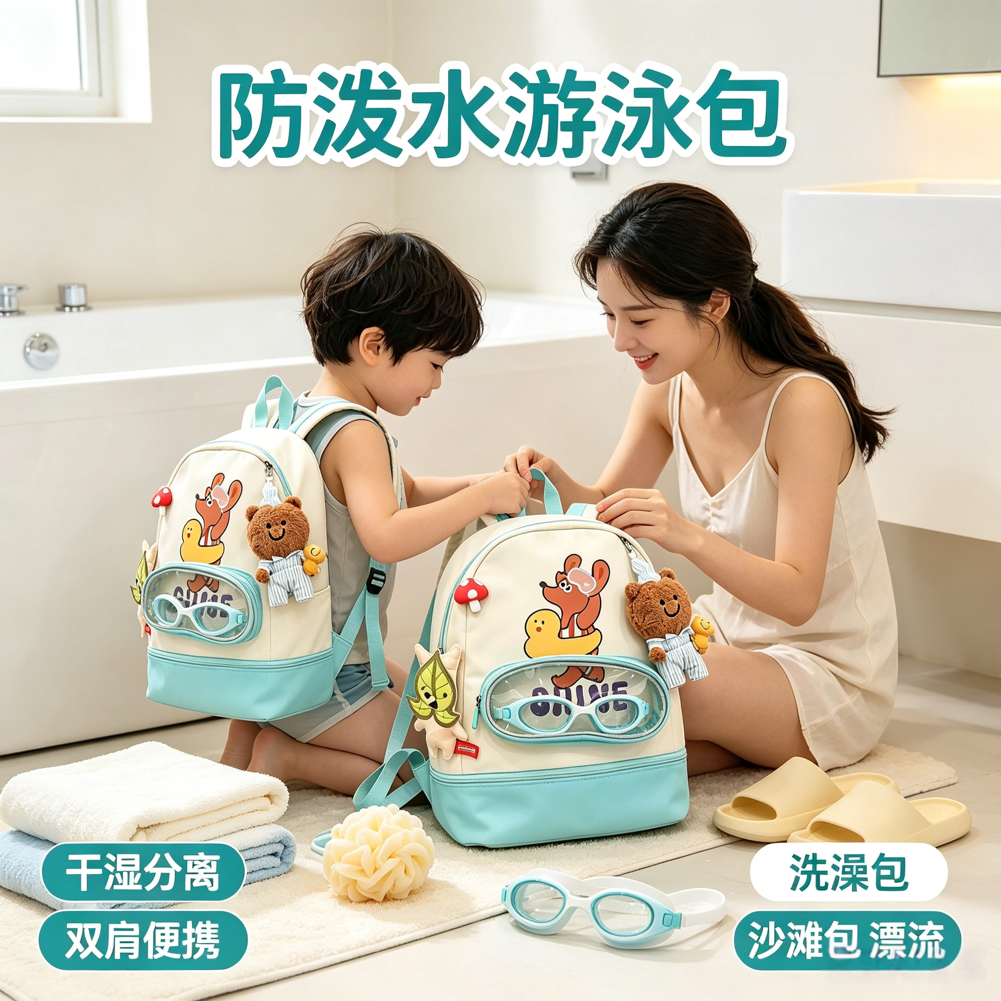 夏季幻彩防水包大容量可爱卡通背包干湿分离游泳包运动浴兜便携式