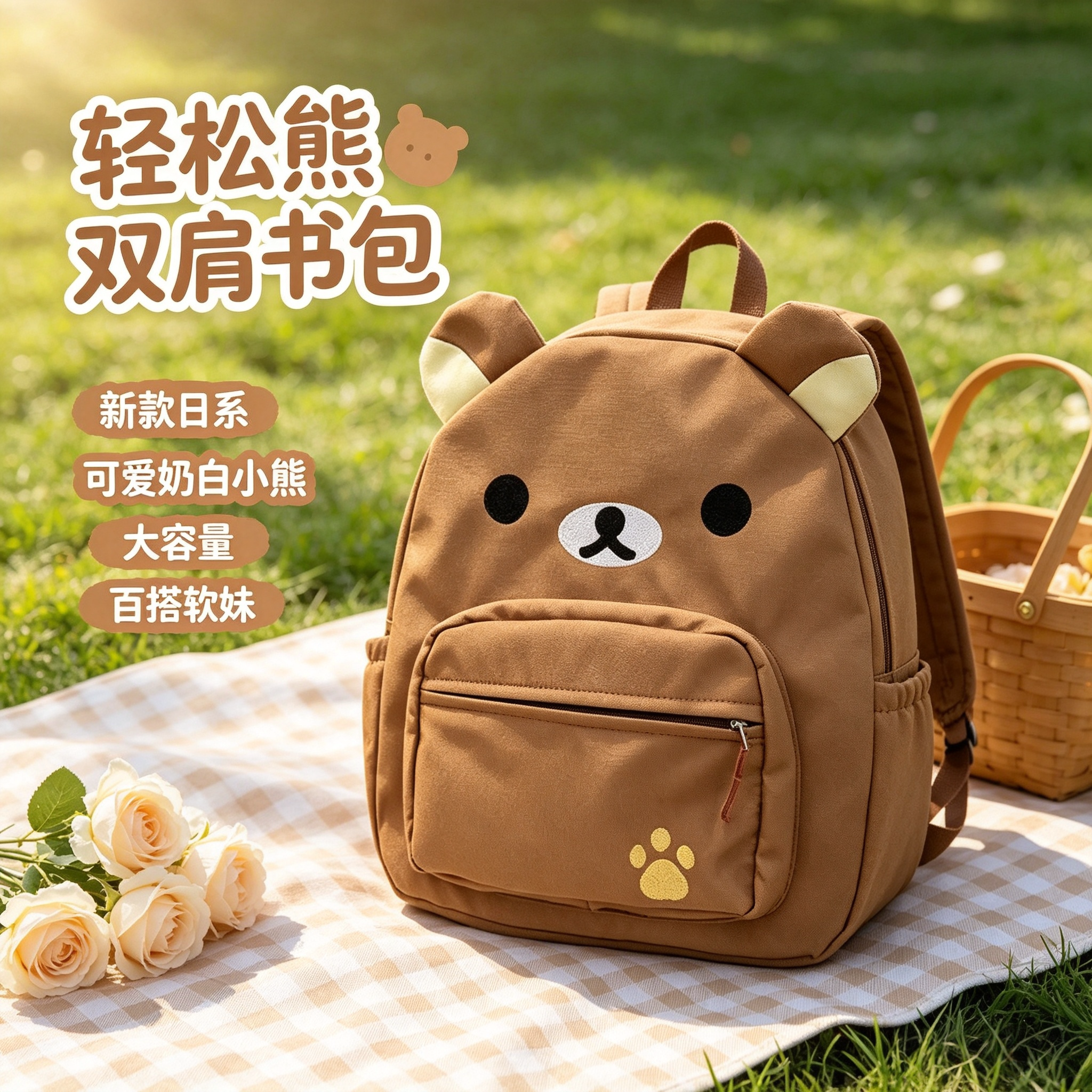[店铺热销]新款自制日系可爱棕色轻松熊大容量百搭学生软妹双肩包