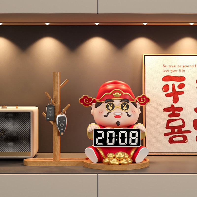 入户玄关装饰摆件财神爷时钟家居客厅鞋柜电视柜桌面钟表乔迁礼品