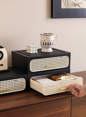 中古风玄关藤编收纳盒抽屉式入户门客厅鞋柜装饰摆件化妆品置物架