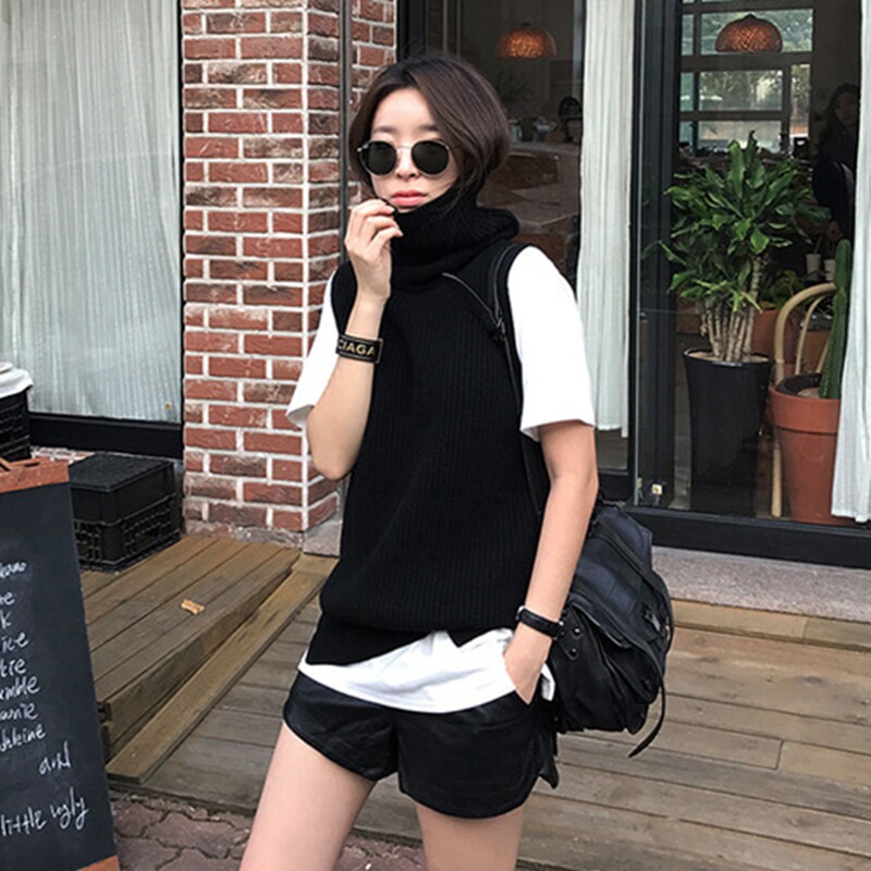 韩范新款高翻领前短后长羊绒线马甲背心女宽松中长款无袖毛衣坎肩