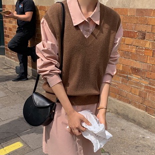 欧洲站欧货大码宽松短款V领羊绒线马甲背心女针织外穿毛衣坎肩