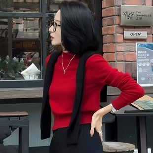 新年本命年宽松短款红色圆领羊绒衫女春秋冬新款针织外穿打底毛衣