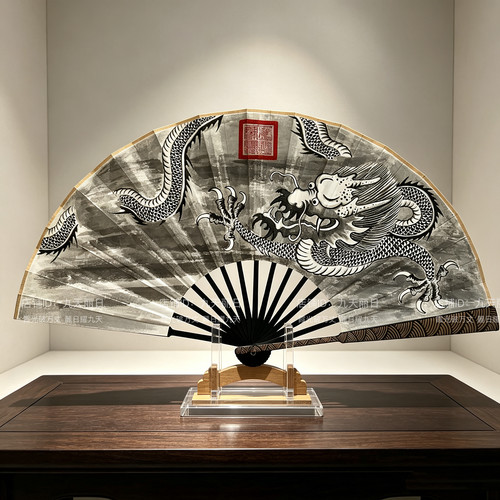 手绘九天应元雷神扇子云龙道家法扇朱砂宣纸折扇中式国风高级定制