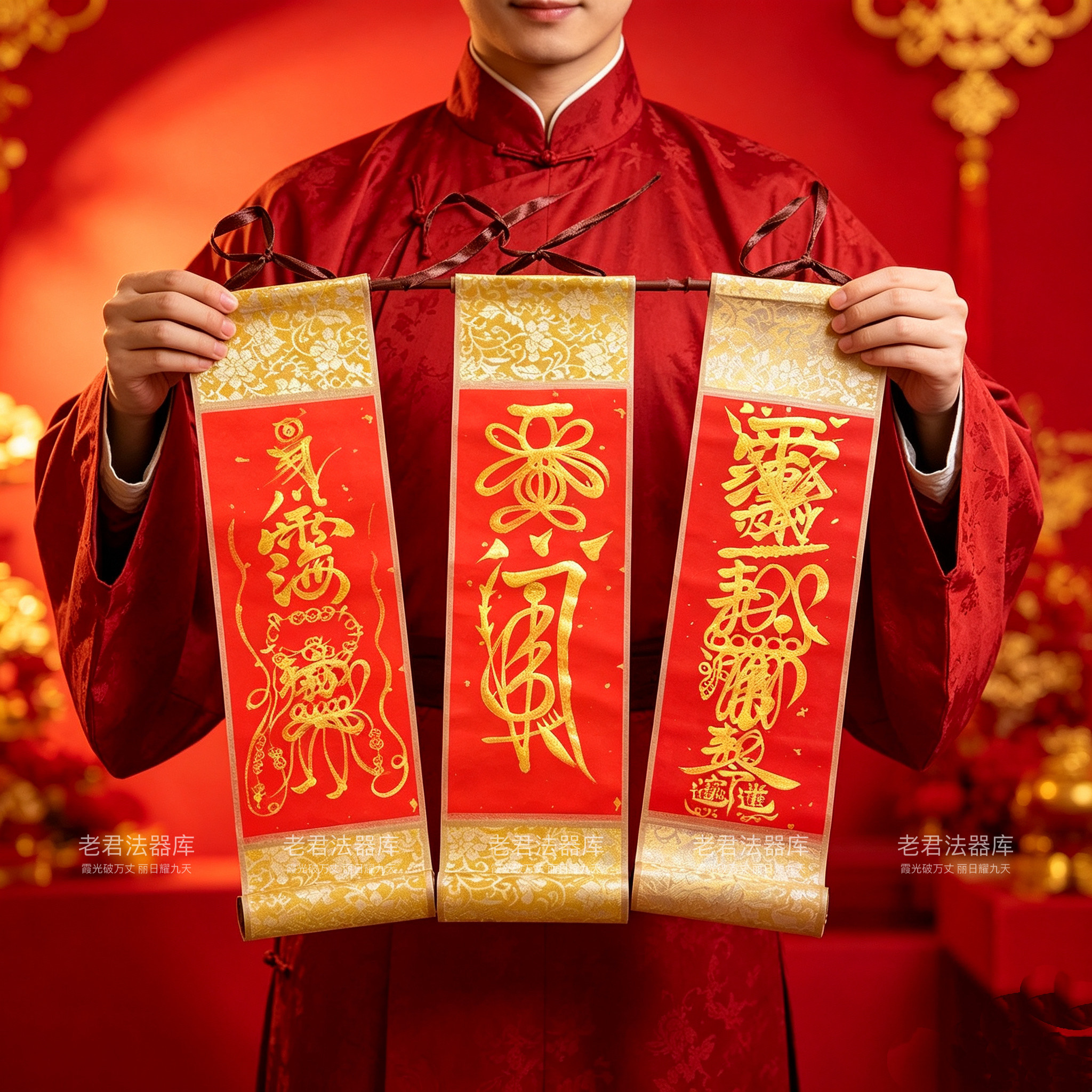 财神图三联赵公明刘海关公八方招财进宝客厅玄关装饰迷你卷轴挂画