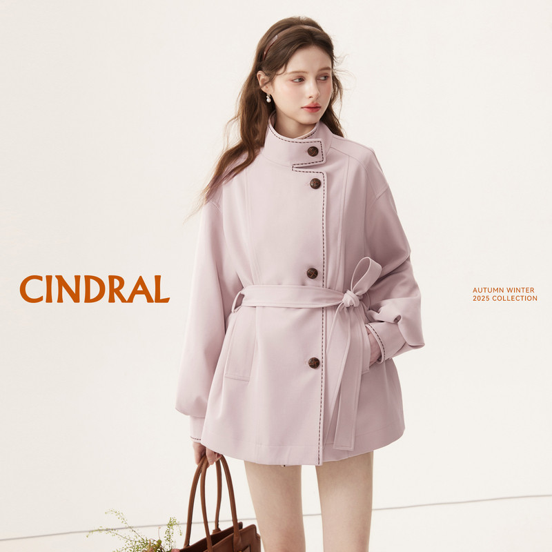 Cindral熙地新款立领气质风衣女灯笼袖单排扣中长款宽松外套通勤