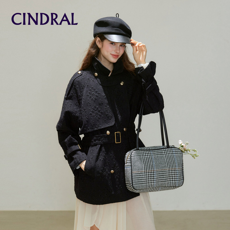 Cindral熙地新款肩章设计风衣女双排扣复古英伦中长款大衣外套