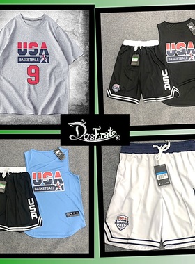篮球运动男短袖t恤套装 美国USA夏季背心短裤 纯棉宽松落肩上衣