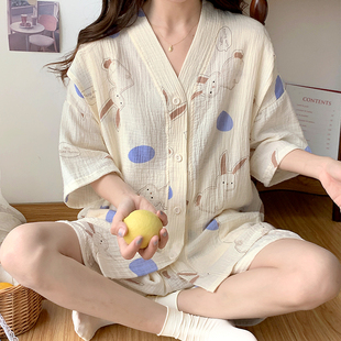 纱布月子服双层孕妇睡衣哺乳套装 新款 纯棉短袖 夏季 产后薄款