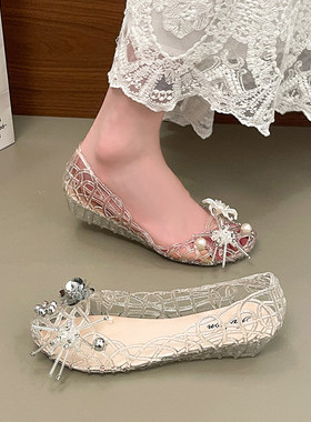 果冻鞋女白色珍珠配花透明凉鞋下雨穿雨鞋拍照凉拖溯溪度假海滩鞋