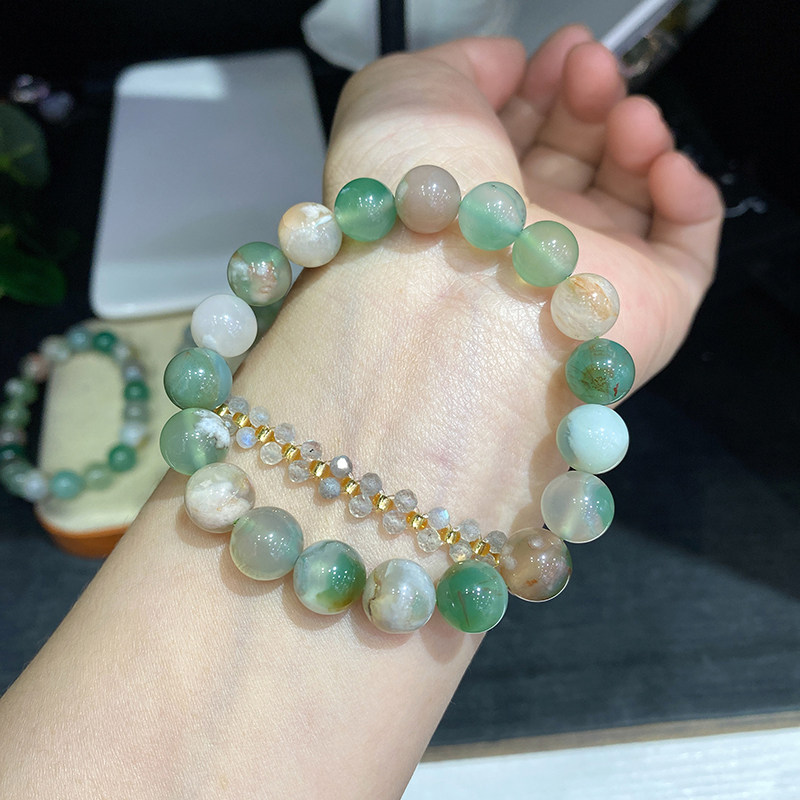 天然绿樱花玛瑙手链异象飘花玛瑙
