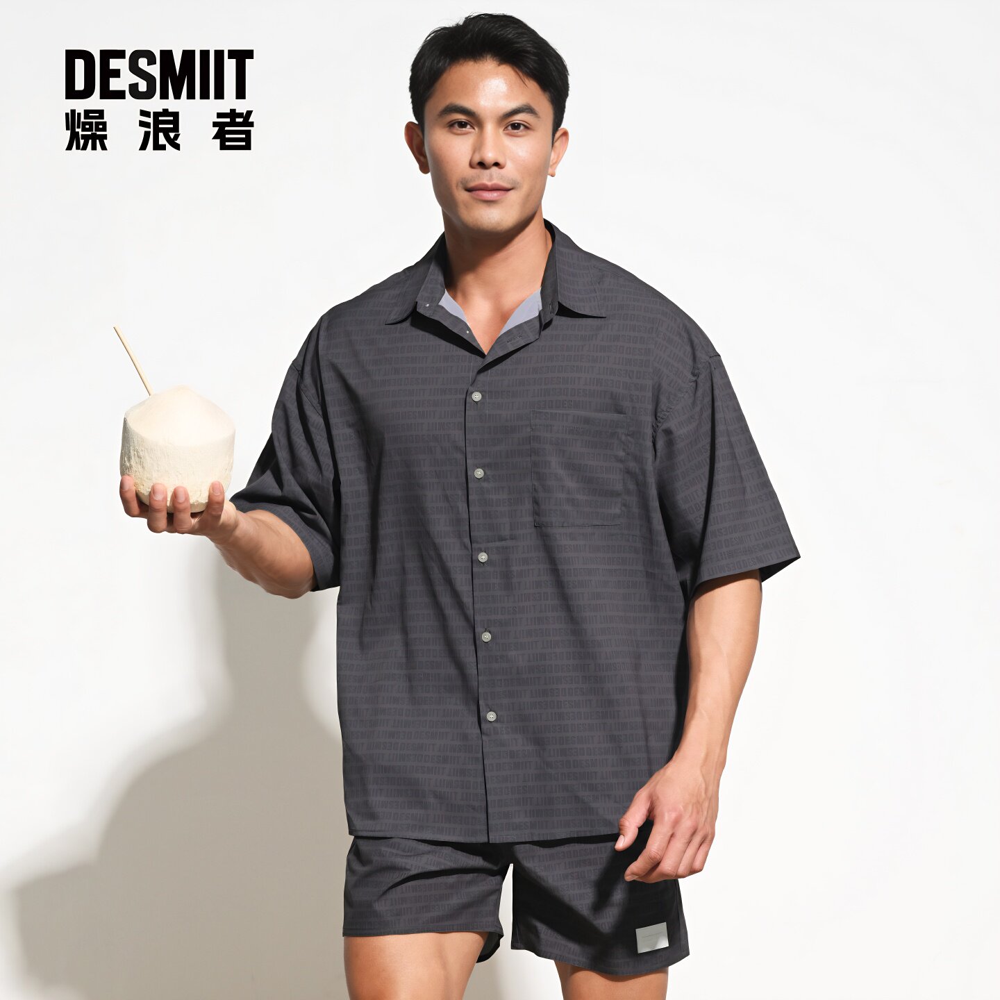 DESMIIT 男士短袖衬衫印花宽松薄款休闲时尚度假半袖上衣沙滩外套