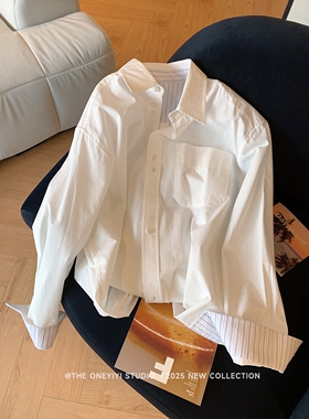 设计感袖口拼接条纹polo领白色衬衫女2026春新款气质减龄洋气衬衣