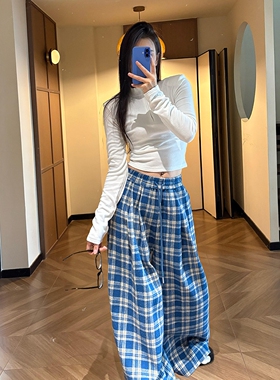 复古蓝色格子休闲抽绳裤女2026春季新款百搭宽松慵懒风直筒阔腿裤