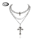 POCK原创欧美金属清冷感十字叠戴设计项链个性 高级感新潮卫衣链男