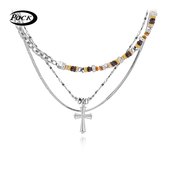 POCK原创小众撞色串珠叠戴设计项链酷帅十字造型颈链个性 锁骨链男