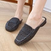 网红凉拖鞋 沙滩防滑粗跟镂空懒人半拖包头中跟外穿拖鞋 女夏季 时尚