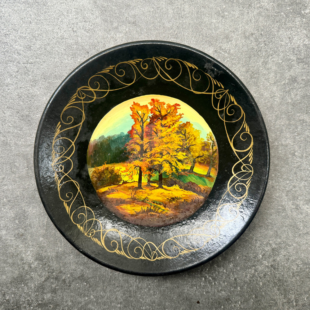 Vintage中古物件 木胎大漆 油画风景盘面 7.5寸挂盘坐盘古董摆件