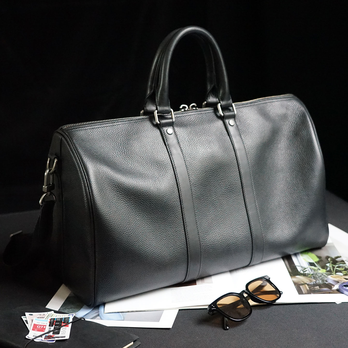BELLPLAN头层牛皮KEEPALL45旅行包黑武士波士顿桶包单肩斜挎手提