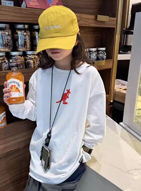 Damon25年秋季新品 儿童纯棉宽松红色袋鼠白色长袖圆领T恤