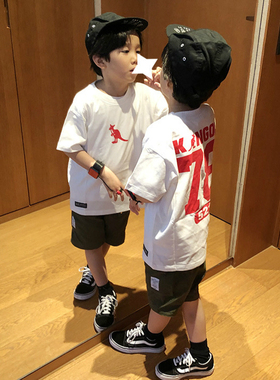 DAMONBABY25男童夏季新品儿童纯棉宽松柔软红色袋鼠白色短袖T恤