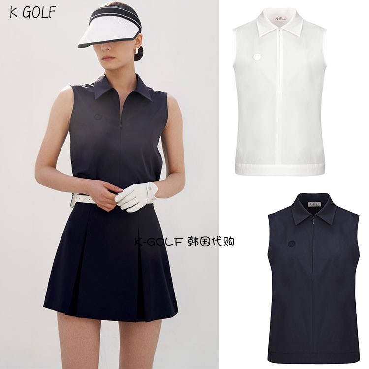 韩国代购ANELL高尔夫球服23年女夏轻盈酷炫无袖翻领衬衫golf上衣