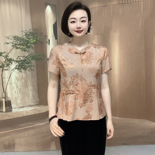 国风妈妈装真丝旗袍上衣夏季短袖
