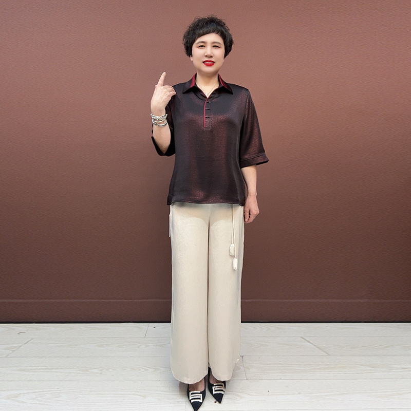 夏季妈妈新款真丝两件套中袖衬衫