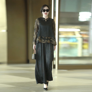 洋气妈妈时尚套装2026春夏国风假两件上衣搭配阔腿裤减龄两件套女