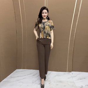 重磅真丝两件套夏季新款短袖时髦妈妈短袖拼接设计大码遮肉套裤女