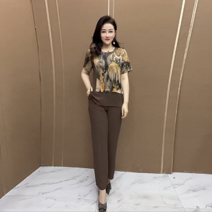 重磅真丝两件套夏季新款短袖时髦妈妈短袖拼接设计大码遮肉套裤女