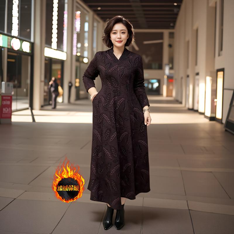 时尚妈妈冬新款加绒长袖连衣裙