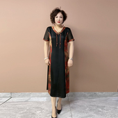 显瘦短袖 洋气妈妈真丝旗袍裙夏季 国风拼接设计感大码 中式 长裙 新款