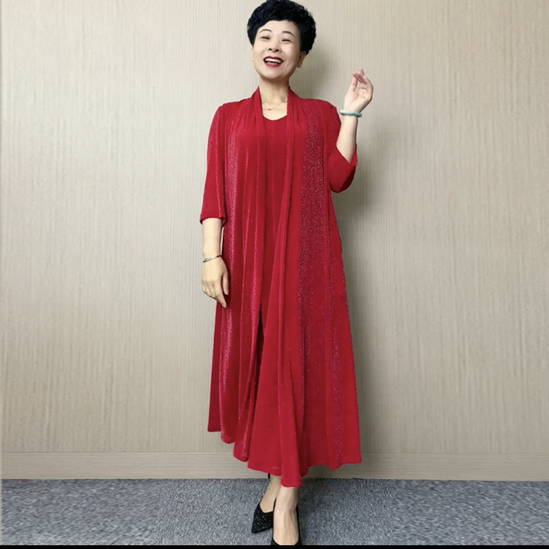 高档妈妈连衣裙春夏新款加肥加大假两件气质女人歌迪丝过膝长裙潮