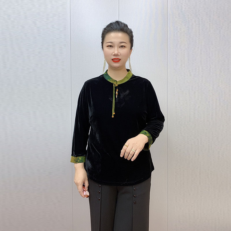 秋季新款真丝绒体恤中老年妈妈复古流苏款高档减龄显瘦九分袖上衣