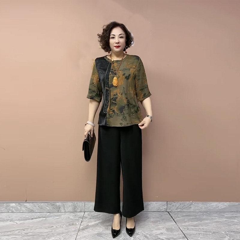 国风妈妈装真丝小衫夏季新款香云纱上衣汉服中袖衬衫减龄阔腿裤女