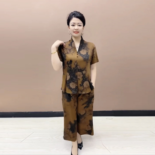 阔太太两件套夏季新款短袖国风印花套装时髦妈妈大码上衣阔腿裤女