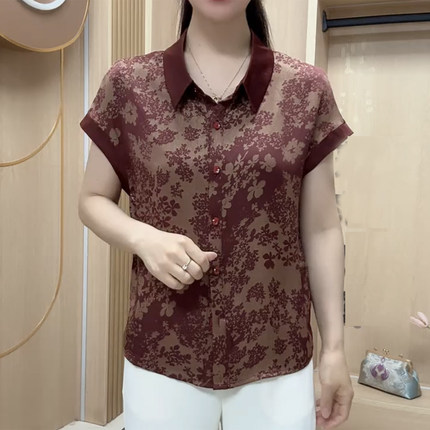 新中式复古印花提花缎衬衫夏季新款大码遮肚显瘦轻薄翻领短袖开衫