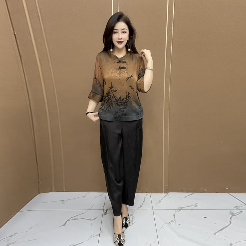 国风妈妈装真丝小衫裤子两件套女