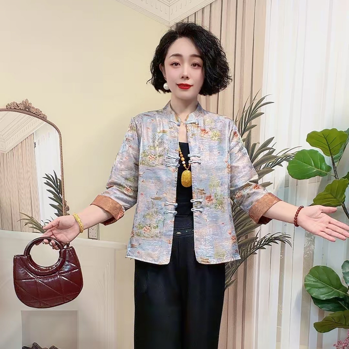 中老年妈妈国风开衫上衣2026夏季新款新中式盘扣七分袖大码衬衫女