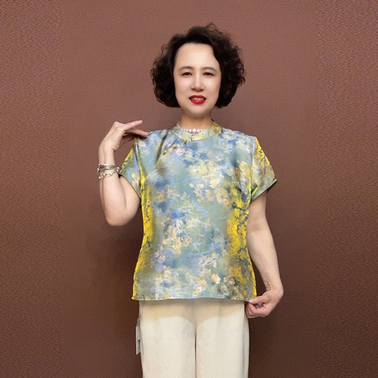 新中式国风妈妈浮光锦小衫夏季新款改良旗袍短袖上衣优雅印花体恤