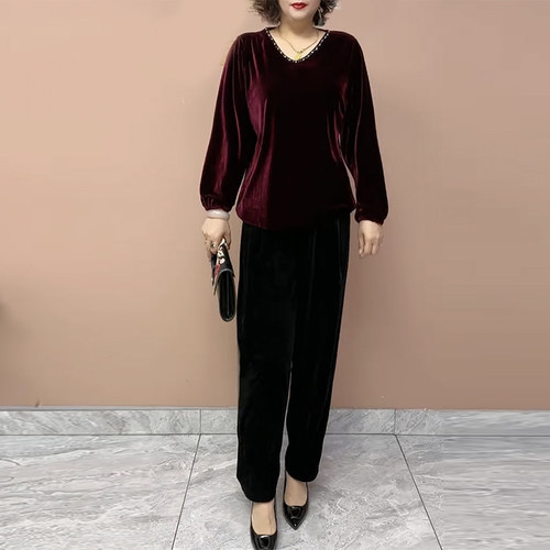 长袖T恤妈妈春秋季V领丝绒气质