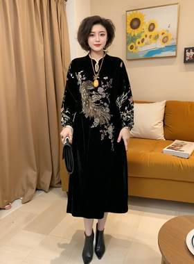 丝绒烫钻孔雀连衣裙大码中国风裙
