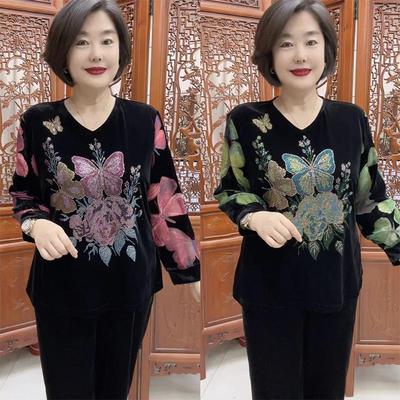 高档烫钻丝绒烧花小衫春季打底衫