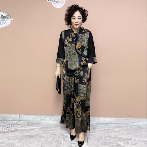 夏季妈妈真丝装旗袍阔腿裤两件套
