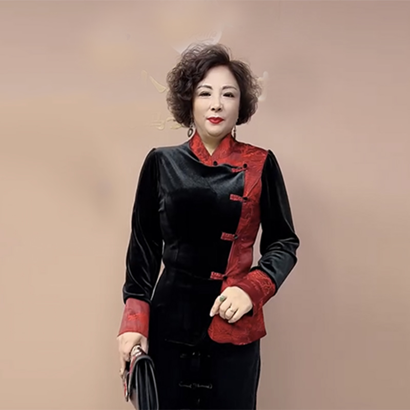 中式风格丝绒上衣气质中老年妈妈春秋年货新款撞色拼接开衫外套女