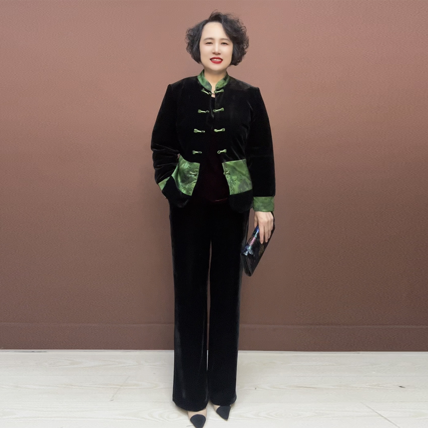 国风妈妈加绒丝绒唐装裤子两件套