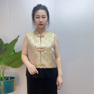 国风妈妈提花缎马甲春装大码套装